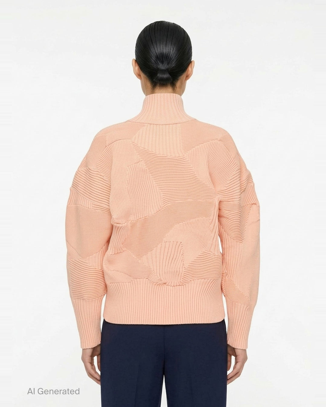 Issey Miyake black ribbed knit zip jacket with sculptural patchwork panels, funnel neck, full-length zip closure, and oversized silhouette — front view - back
