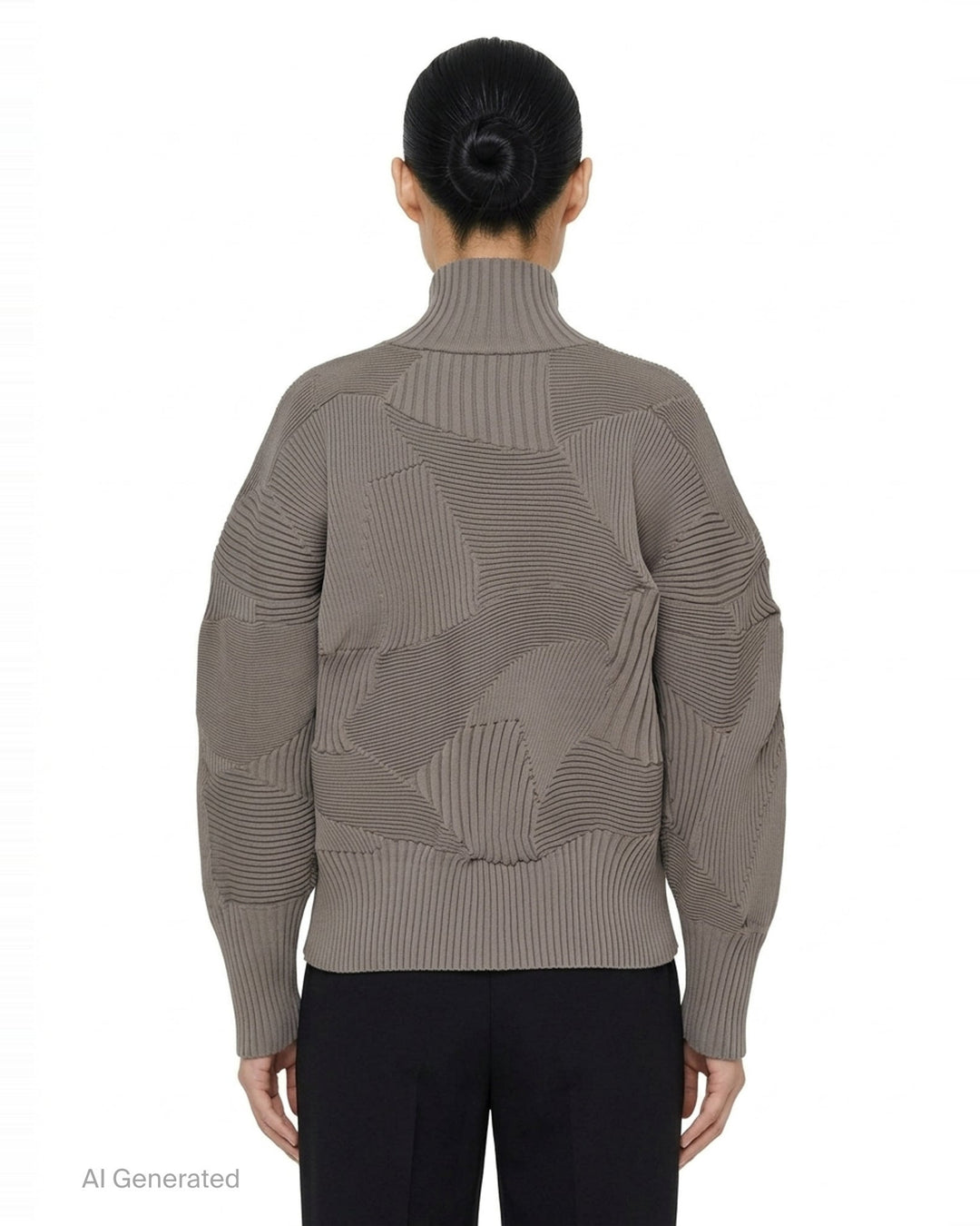 Issey Miyake black ribbed knit zip jacket with sculptural patchwork panels, funnel neck, full-length zip closure, and oversized silhouette — front view - back