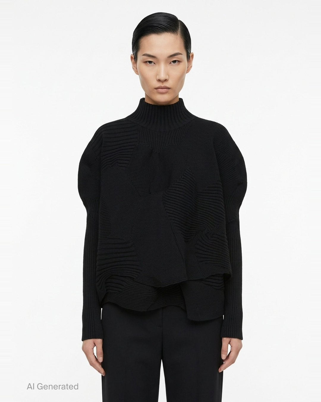 Issey Miyake Kone sculptural black ribbed knit top with directional 3D rib panels, mock-neck collar, oversized silhouette, and asymmetric curved hem - front
