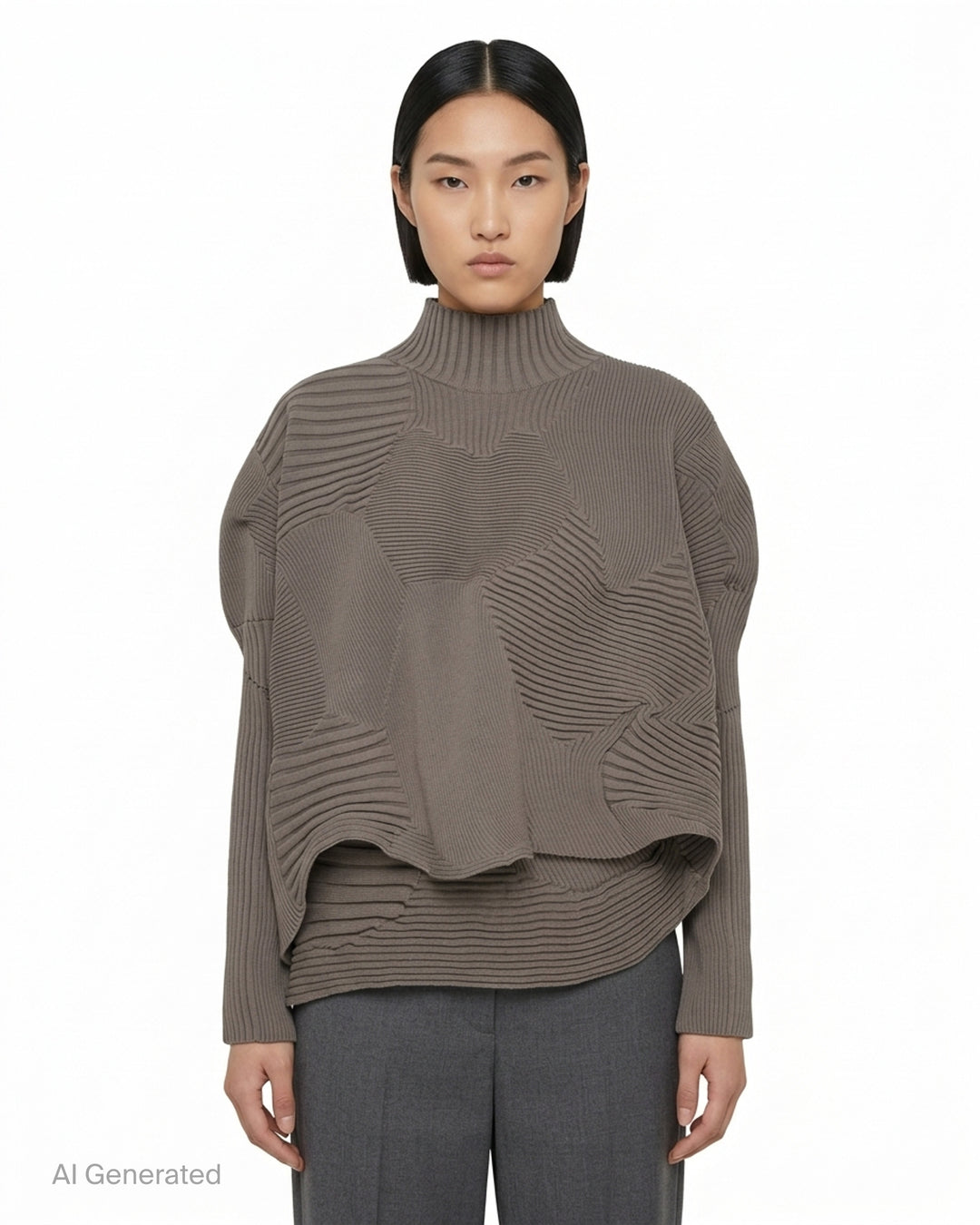 Issey Miyake Kone sculptural black ribbed knit top with directional 3D rib panels, mock-neck collar, oversized silhouette, and asymmetric curved hem - front