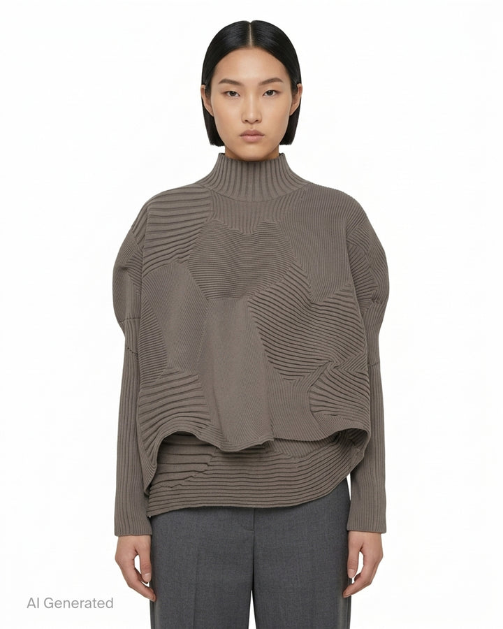 Issey Miyake Kone sculptural black ribbed knit top with directional 3D rib panels, mock-neck collar, oversized silhouette, and asymmetric curved hem - front