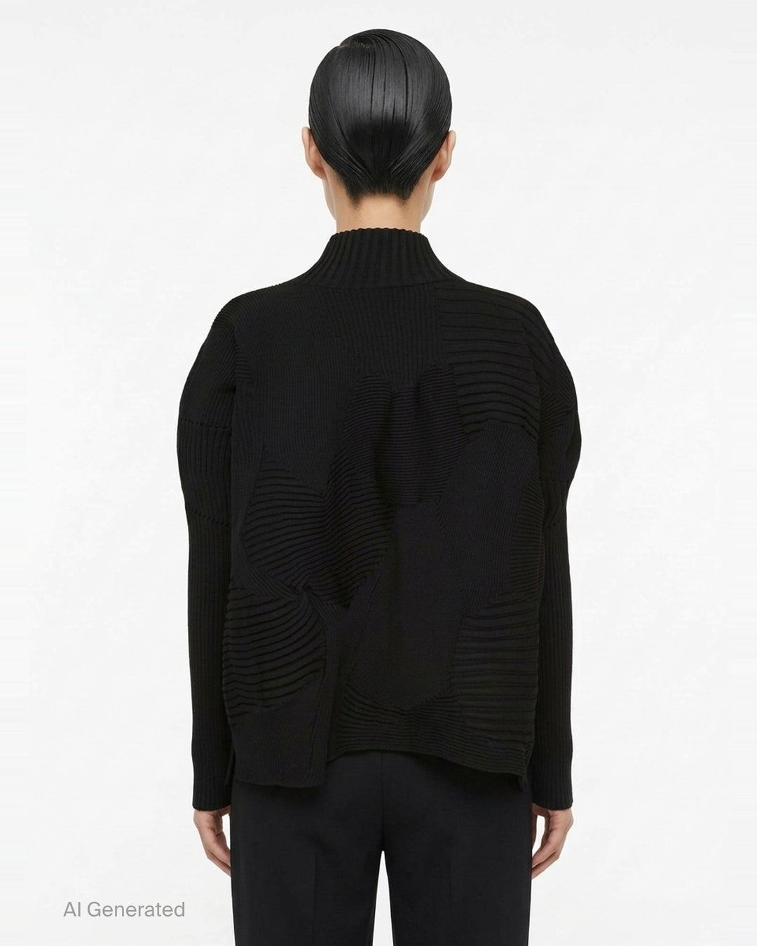 Issey Miyake Kone sculptural black ribbed knit top with directional 3D rib panels, mock-neck collar, oversized silhouette, and asymmetric curved hem - back
