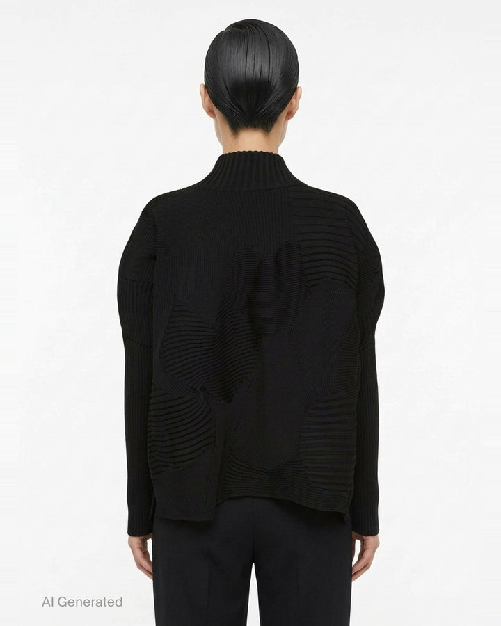 Issey Miyake Kone sculptural black ribbed knit top with directional 3D rib panels, mock-neck collar, oversized silhouette, and asymmetric curved hem - back