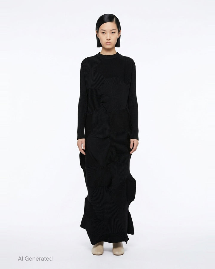 Issey Miyake black ribbed patchwork knit midi dress with long sleeves and sculptural wave-like folds across the lower skirt - front