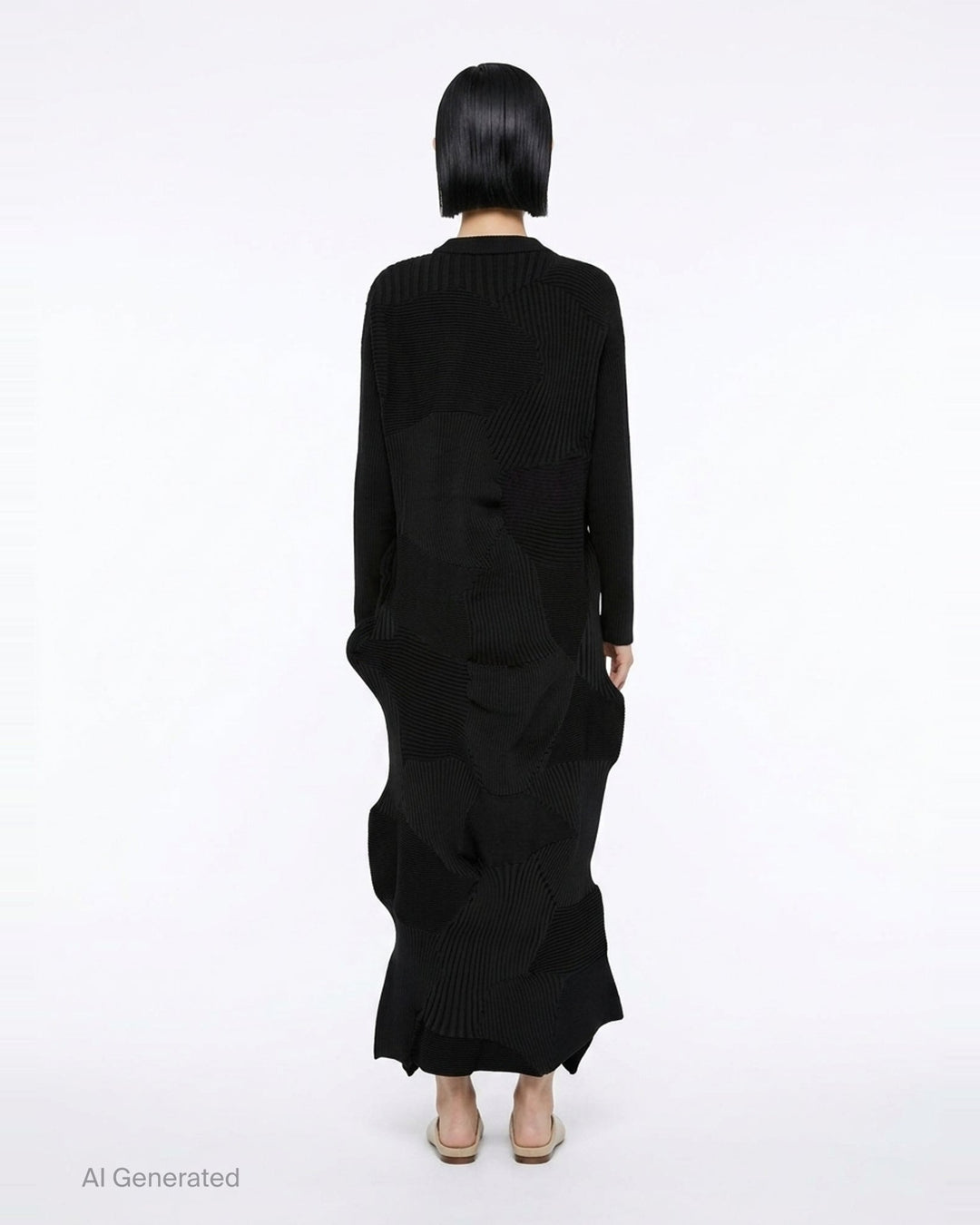 Issey Miyake black ribbed patchwork knit midi dress with long sleeves and sculptural wave-like folds across the lower skirt - back