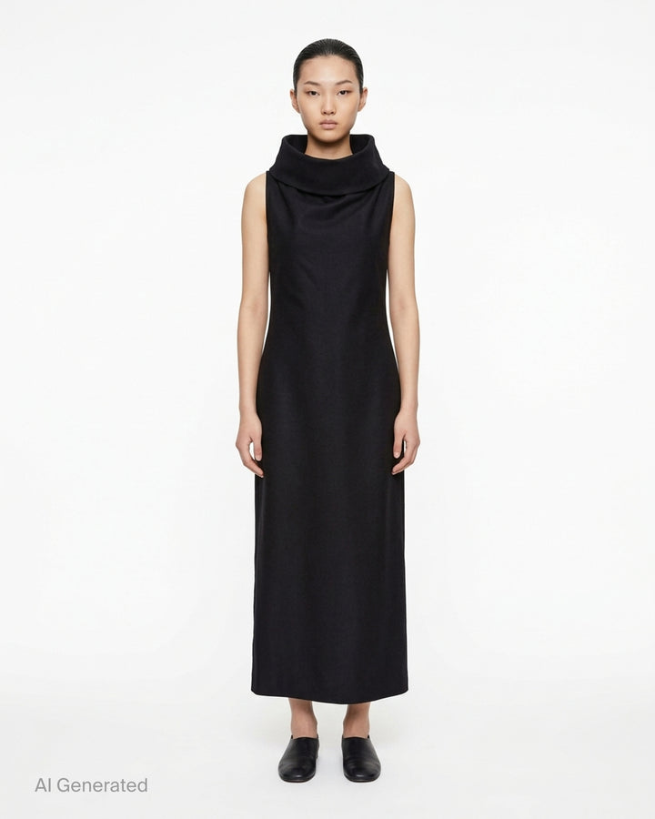 Issey Miyake Shell sleeveless black woven midi dress with a draped cowl neckline and slim silhouette - front