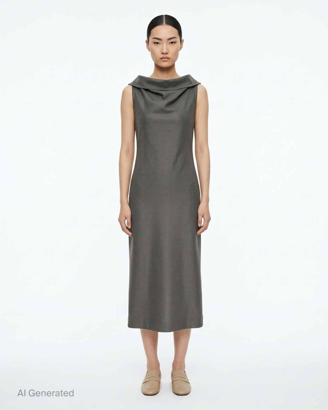 Issey Miyake Shell sleeveless black woven midi dress with a draped cowl neckline and slim silhouette - front