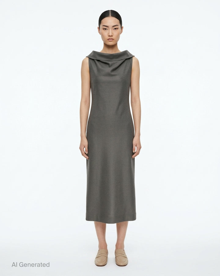 Issey Miyake Shell sleeveless black woven midi dress with a draped cowl neckline and slim silhouette - front