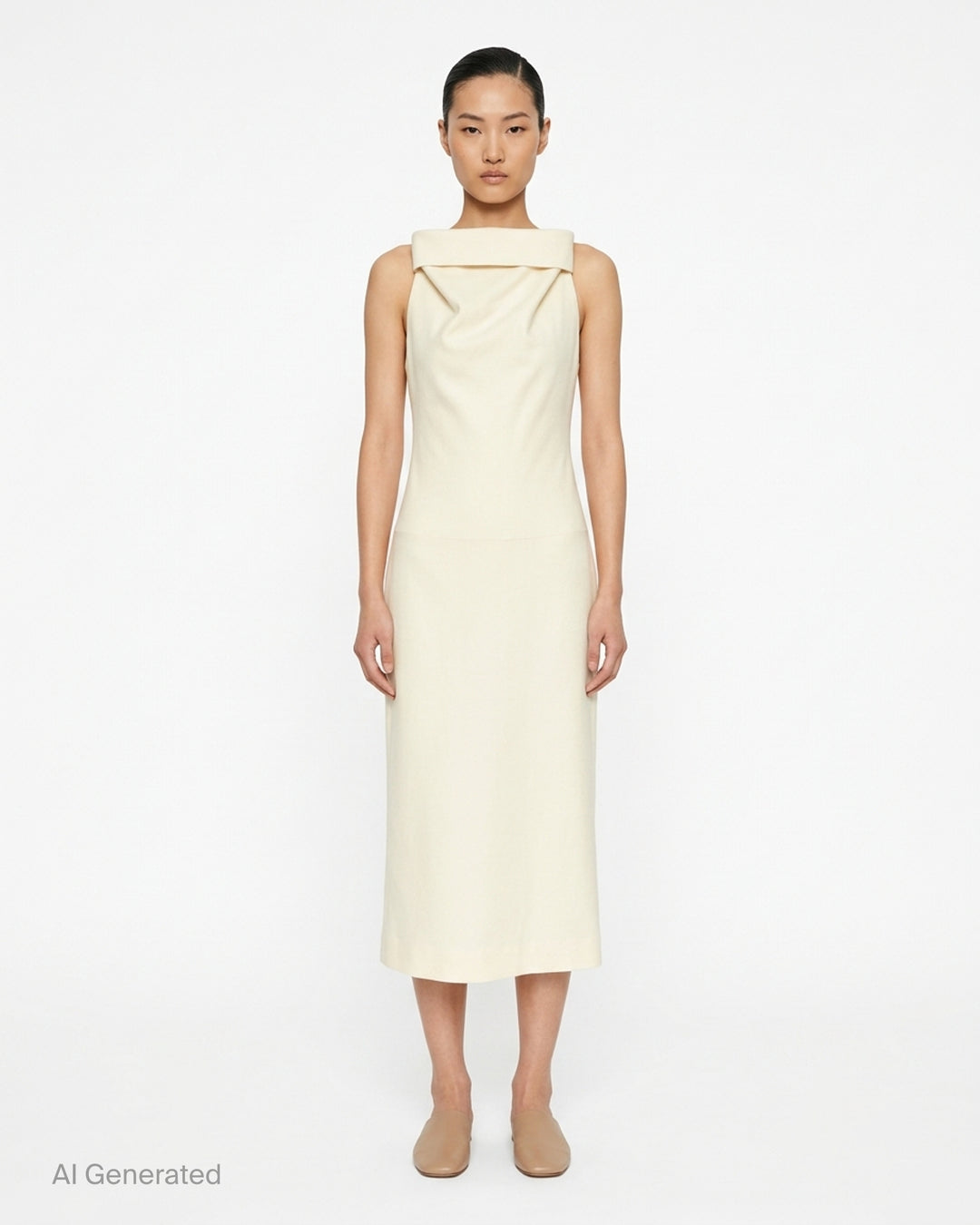 Issey Miyake Shell sleeveless black woven midi dress with a draped cowl neckline and slim silhouette - front