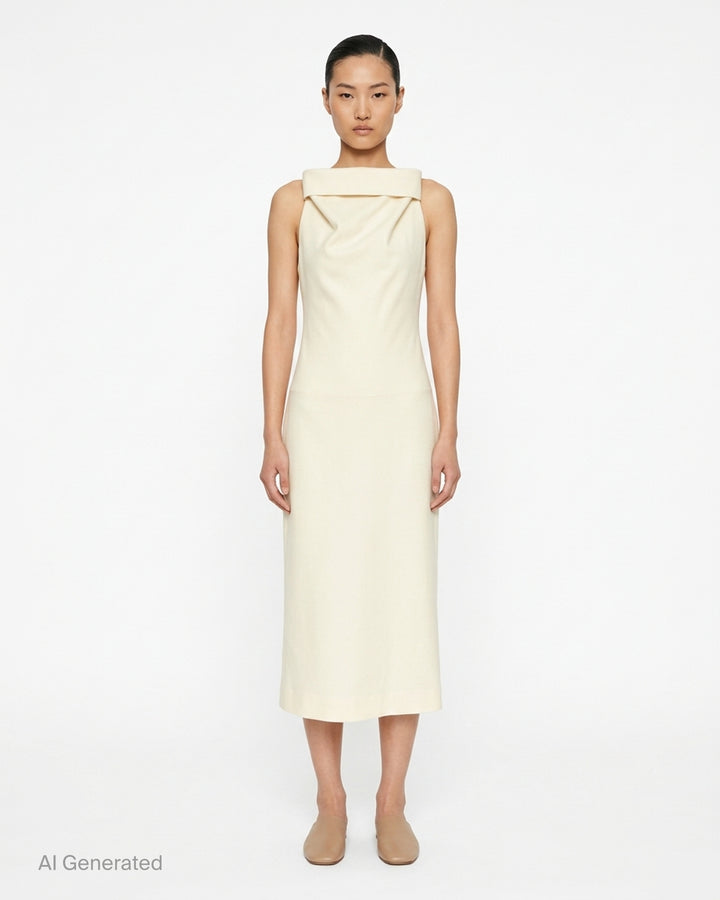 Issey Miyake Shell sleeveless black woven midi dress with a draped cowl neckline and slim silhouette - front