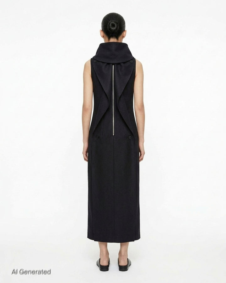 Issey Miyake Shell sleeveless black woven midi dress with a draped cowl neckline and slim silhouette - back