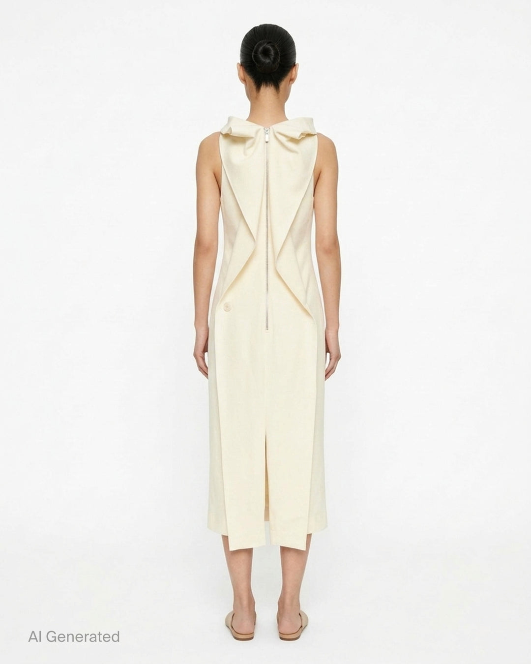 Issey Miyake Shell sleeveless black woven midi dress with a draped cowl neckline and slim silhouette - back