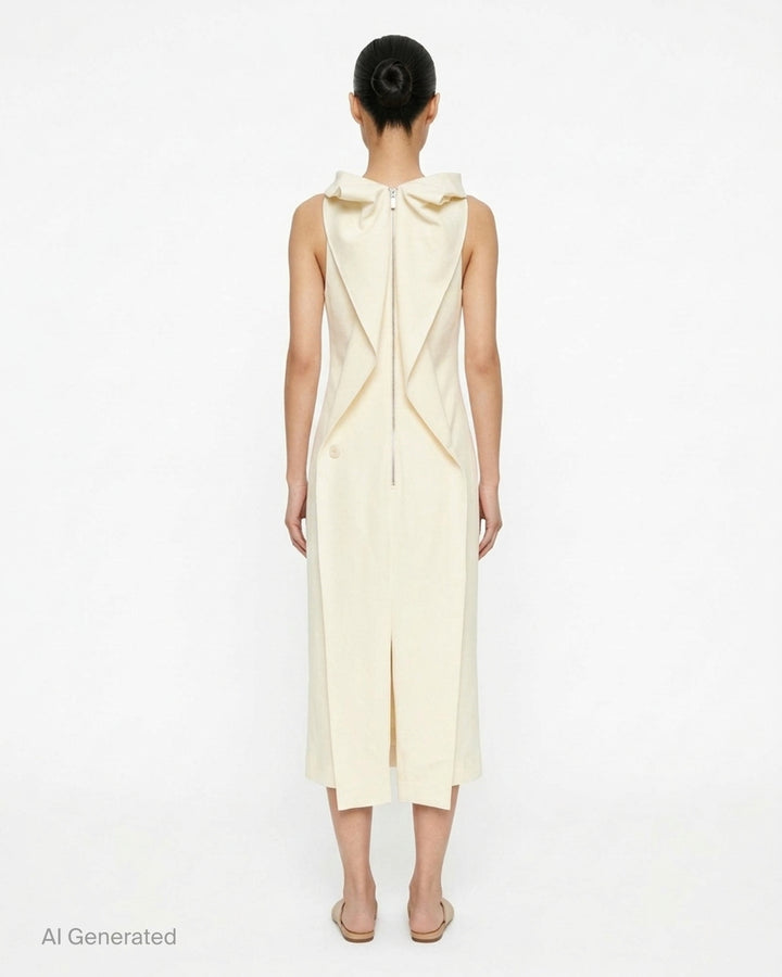 Issey Miyake Shell sleeveless black woven midi dress with a draped cowl neckline and slim silhouette - back