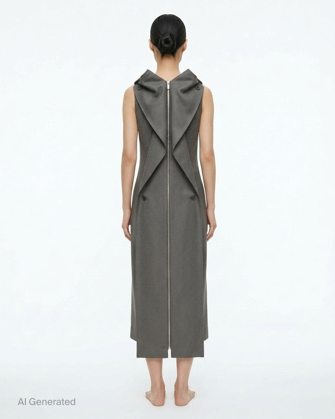 Issey Miyake Shell sleeveless black woven midi dress with a draped cowl neckline and slim silhouette - back