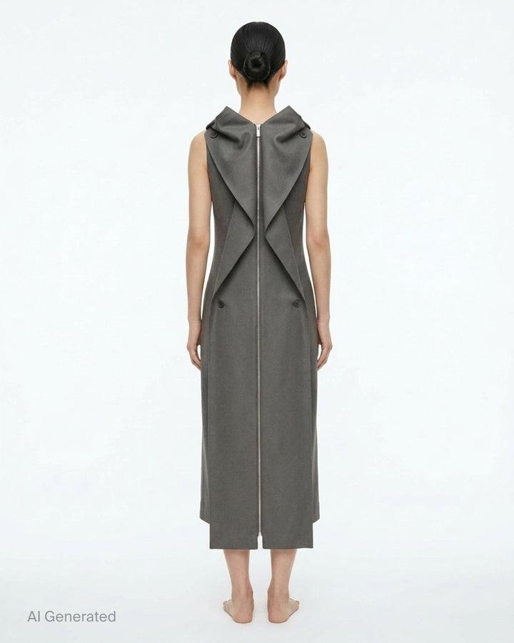 Issey Miyake Shell sleeveless black woven midi dress with a draped cowl neckline and slim silhouette - back