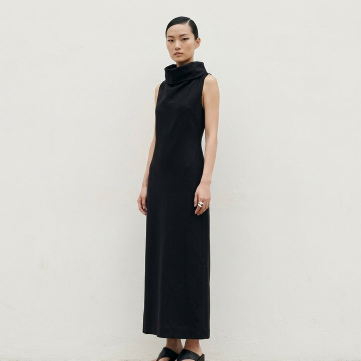 Issey Miyake Shell sleeveless black woven midi dress with a draped cowl neckline and slim silhouette - lifestyle