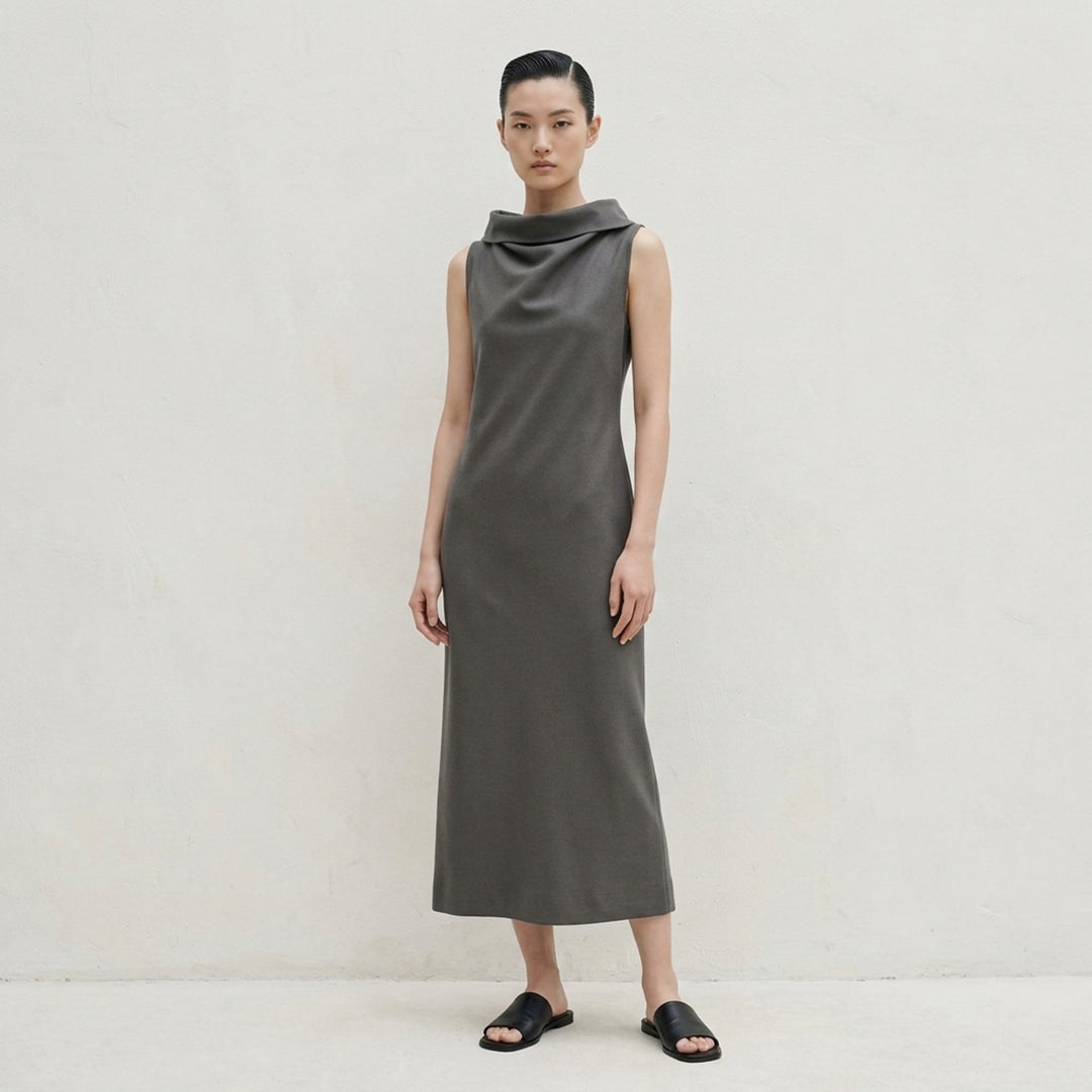 Issey Miyake Shell sleeveless black woven midi dress with a draped cowl neckline and slim silhouette - lifestyle