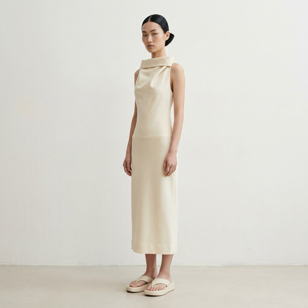 Issey Miyake Shell sleeveless black woven midi dress with a draped cowl neckline and slim silhouette - lifestyle