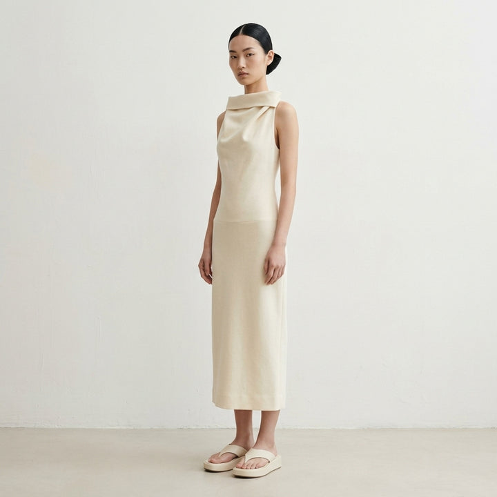 Issey Miyake Shell sleeveless black woven midi dress with a draped cowl neckline and slim silhouette - lifestyle