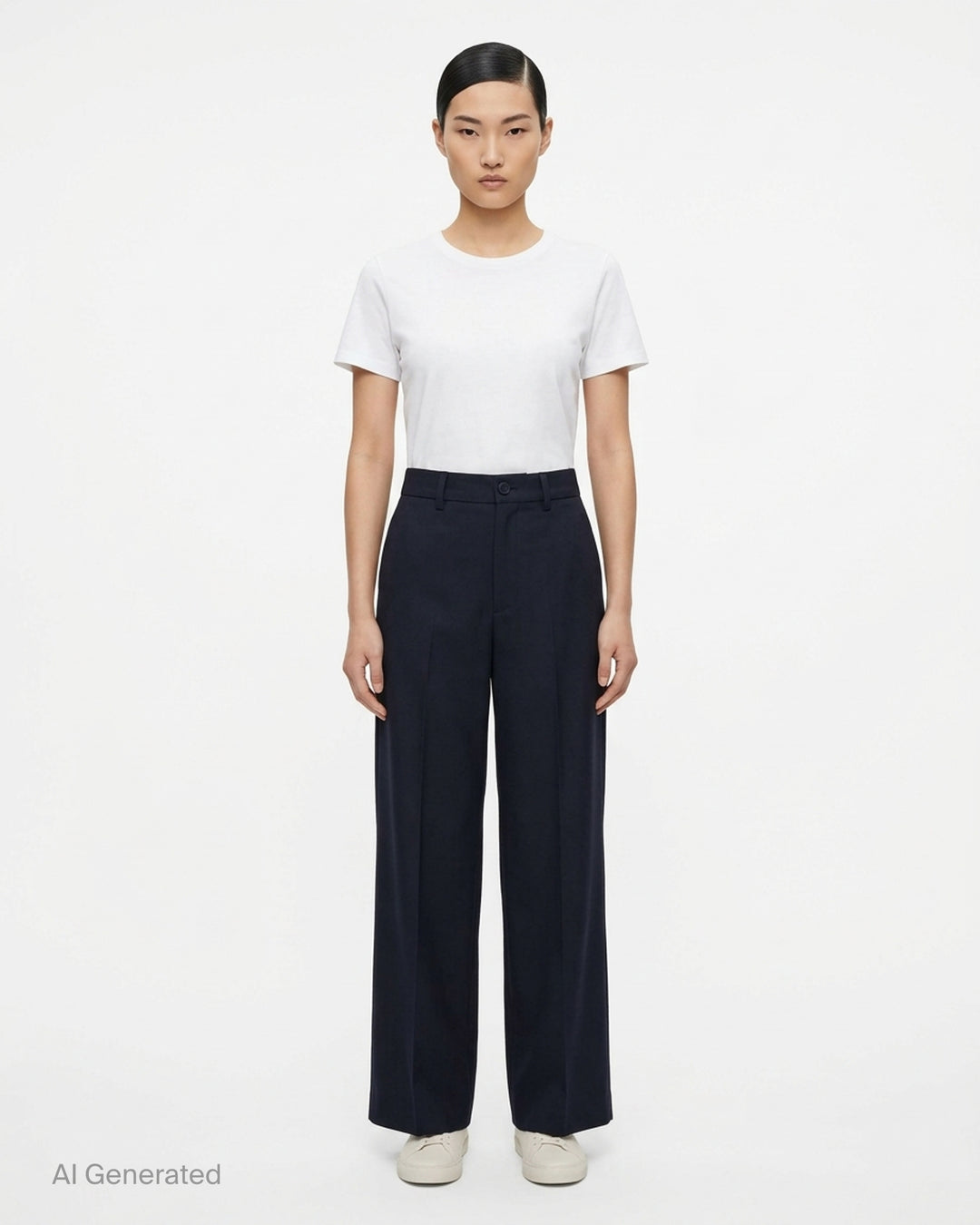 Issey Miyake Shell Woven Pants in dark navy — high-waisted wide-leg trousers with front pleats and a pressed centre crease, displayed flat on a white background - front