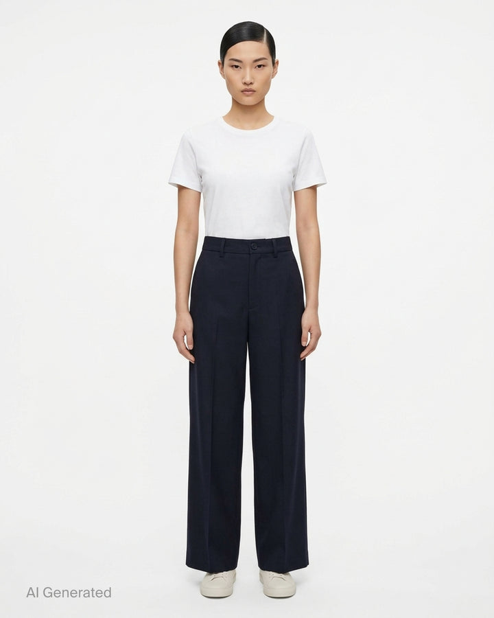 Issey Miyake Shell Woven Pants in dark navy — high-waisted wide-leg trousers with front pleats and a pressed centre crease, displayed flat on a white background - front