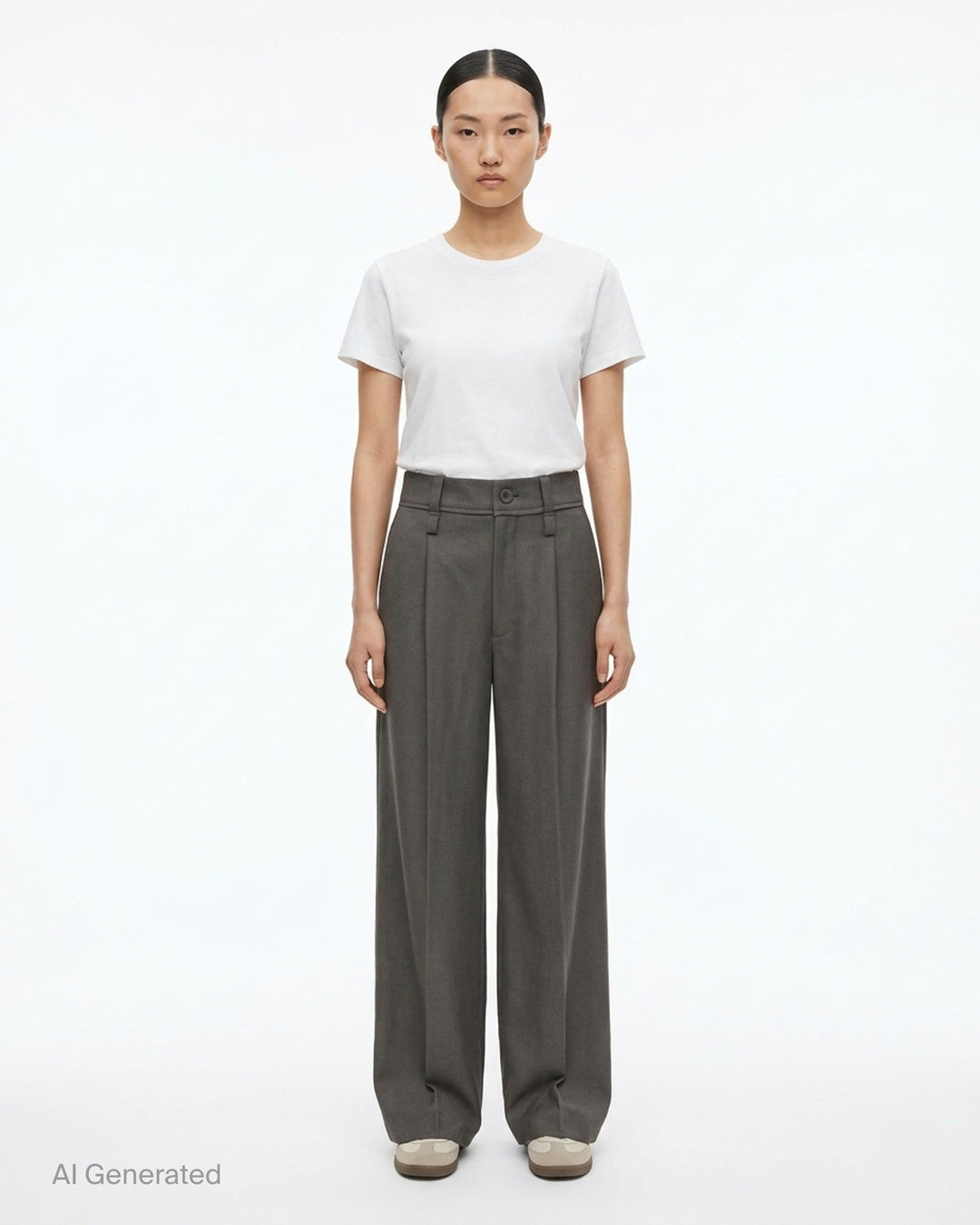 Issey Miyake Shell Woven Pants in dark navy — high-waisted wide-leg trousers with front pleats and a pressed centre crease, displayed flat on a white background - front