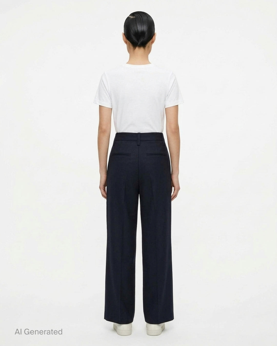Issey Miyake Shell Woven Pants in dark navy — high-waisted wide-leg trousers with front pleats and a pressed centre crease, displayed flat on a white background - back