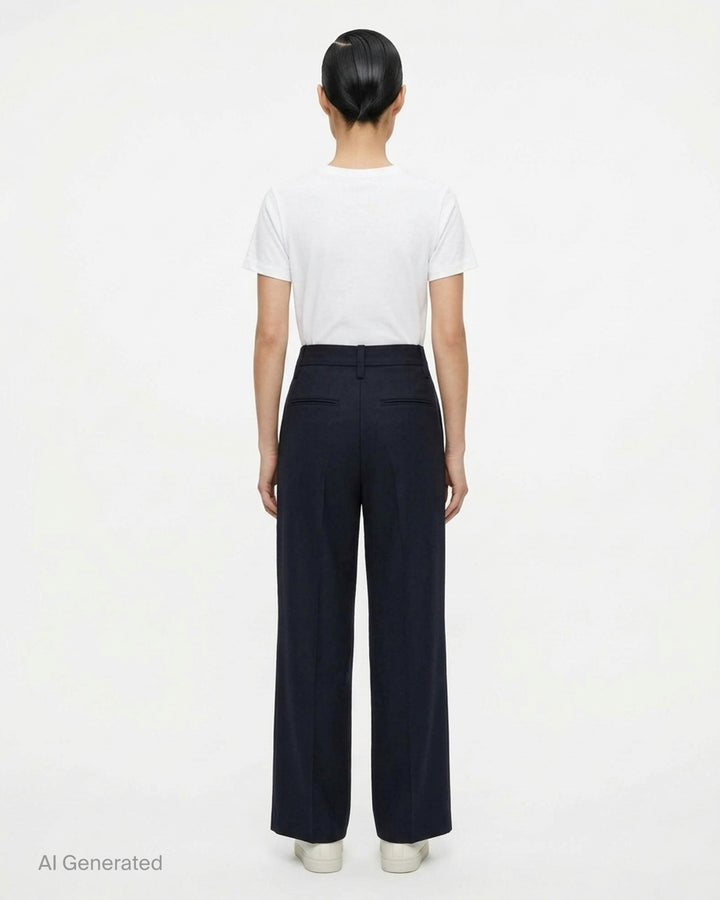 Issey Miyake Shell Woven Pants in dark navy — high-waisted wide-leg trousers with front pleats and a pressed centre crease, displayed flat on a white background - back