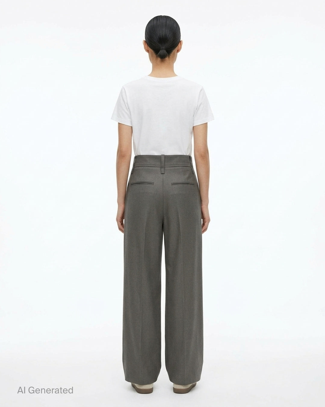 Issey Miyake Shell Woven Pants in dark navy — high-waisted wide-leg trousers with front pleats and a pressed centre crease, displayed flat on a white background - back