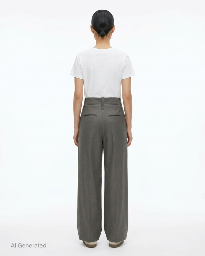 Issey Miyake Shell Woven Pants in dark navy — high-waisted wide-leg trousers with front pleats and a pressed centre crease, displayed flat on a white background - back