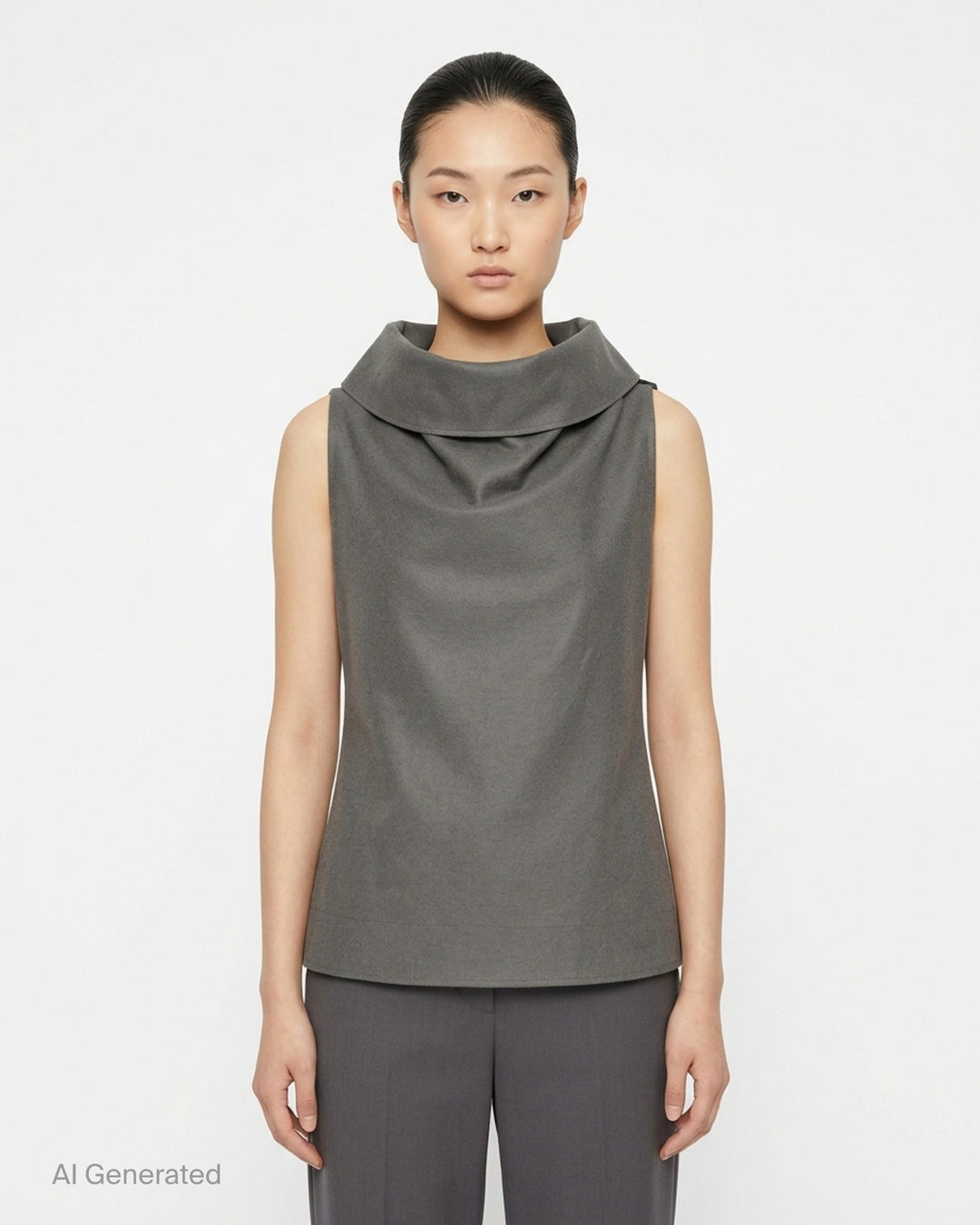 Issey Miyake Shell sleeveless top in black satin with a draped cowl neckline and gently flared silhouette, shot against a white background - front