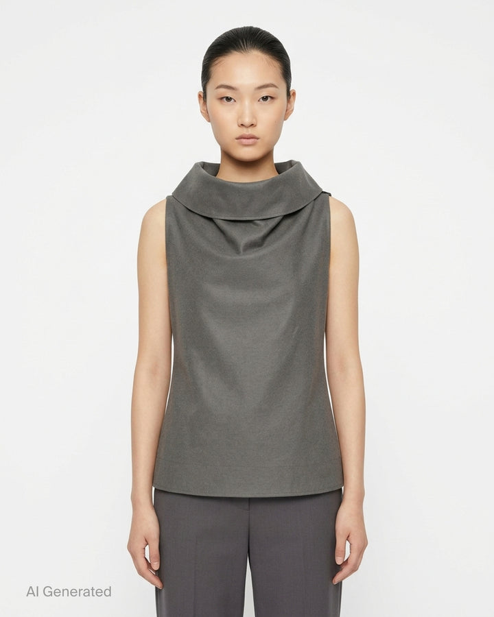 Issey Miyake Shell sleeveless top in black satin with a draped cowl neckline and gently flared silhouette, shot against a white background - front