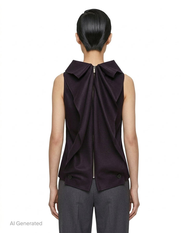 Issey Miyake Shell sleeveless top in black satin with a draped cowl neckline and gently flared silhouette, shot against a white background - back