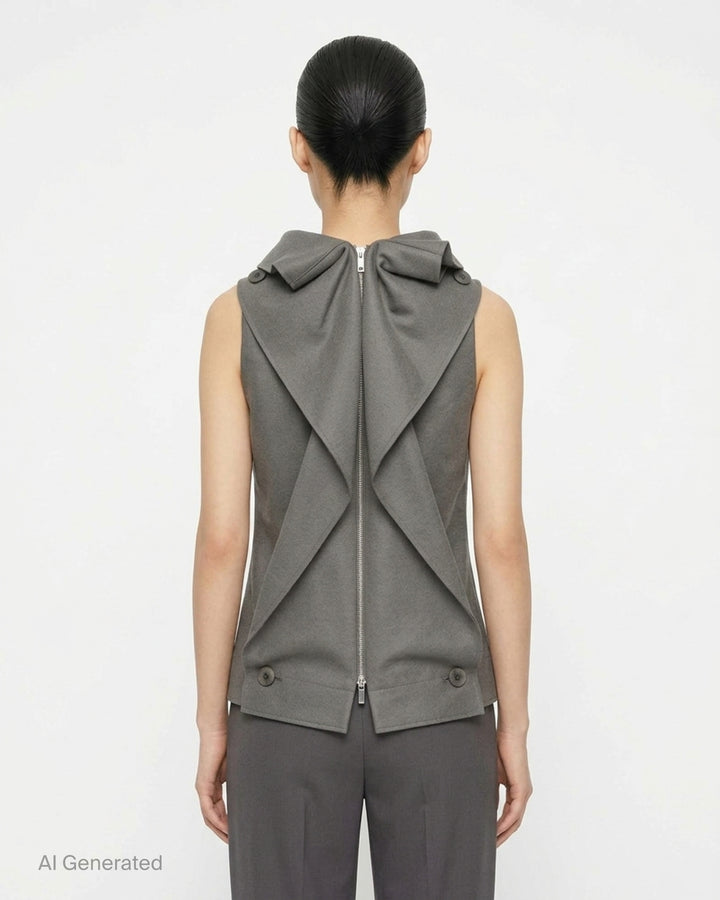 Issey Miyake Shell sleeveless top in black satin with a draped cowl neckline and gently flared silhouette, shot against a white background - back