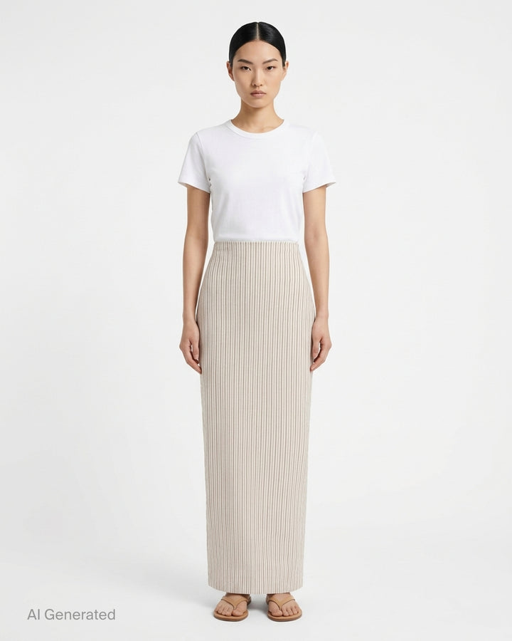 Issey Miyake Allow Stripe Midi Skirt in a fitted pencil silhouette with vertical pinstripes and a high elasticated waistband, photographed flat on a white background - front