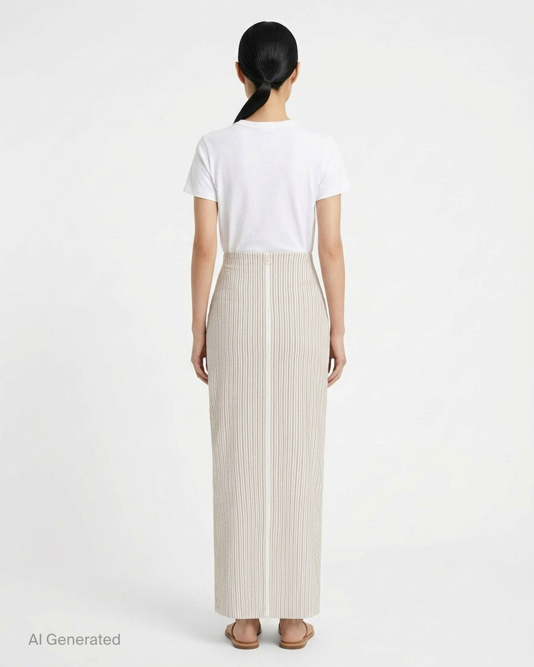 Issey Miyake Allow Stripe Midi Skirt in a fitted pencil silhouette with vertical pinstripes and a high elasticated waistband, photographed flat on a white background - back