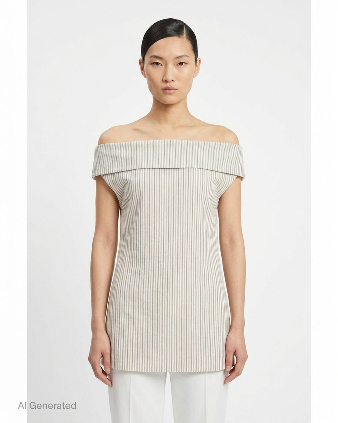 Issey Miyake striped off-shoulder mini dress with fold-over bardot neckline in dark pinstripe woven fabric, front view on white background - front