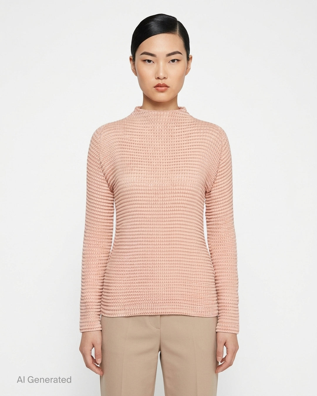 Issey Miyake Suede Like Pleats black pleated mock neck long sleeve top with ribbed texture - front
