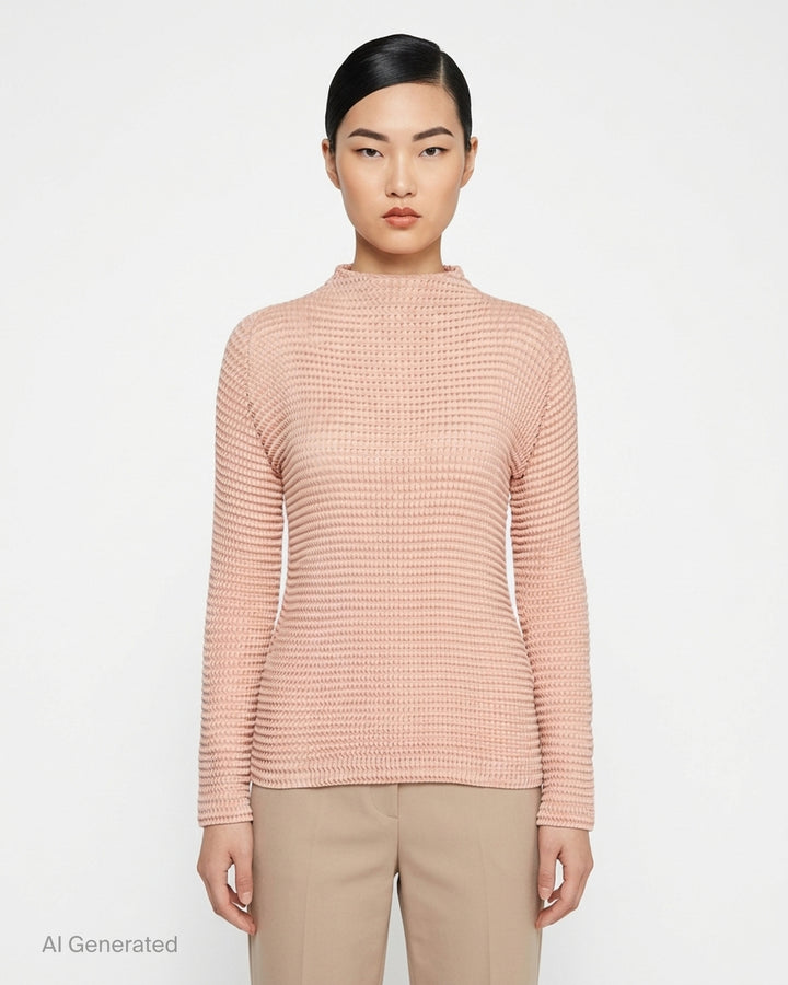 Issey Miyake Suede Like Pleats black pleated mock neck long sleeve top with ribbed texture - front