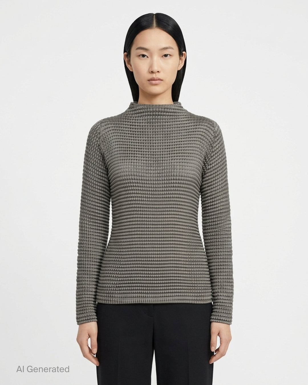 Issey Miyake Suede Like Pleats black pleated mock neck long sleeve top with ribbed texture - front