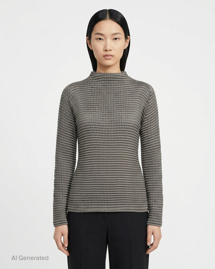 Issey Miyake Suede Like Pleats black pleated mock neck long sleeve top with ribbed texture - front