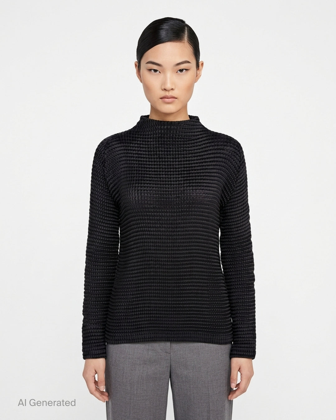 Issey Miyake Suede Like Pleats black pleated mock neck long sleeve top with ribbed texture - front