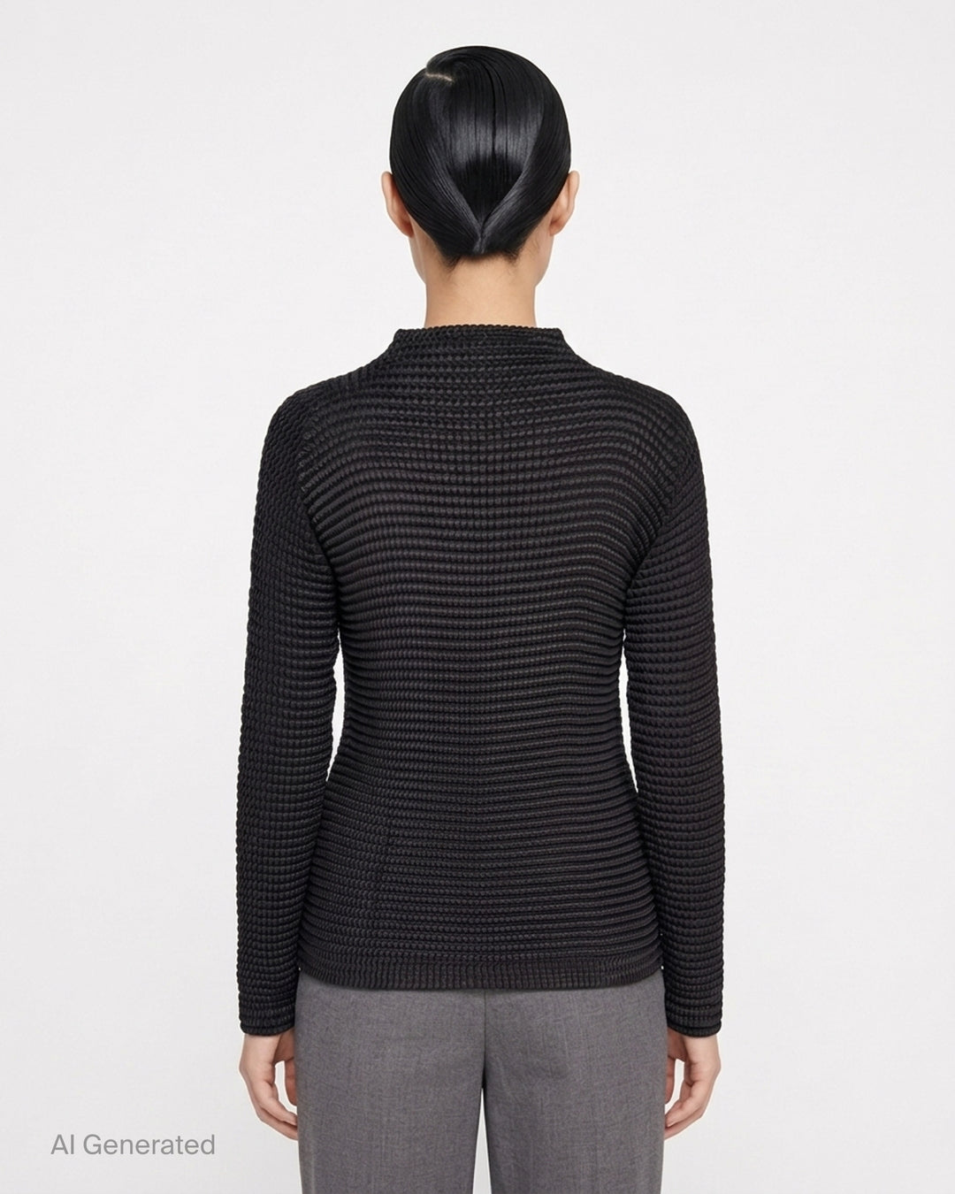 Issey Miyake Suede Like Pleats black pleated mock neck long sleeve top with ribbed texture - back