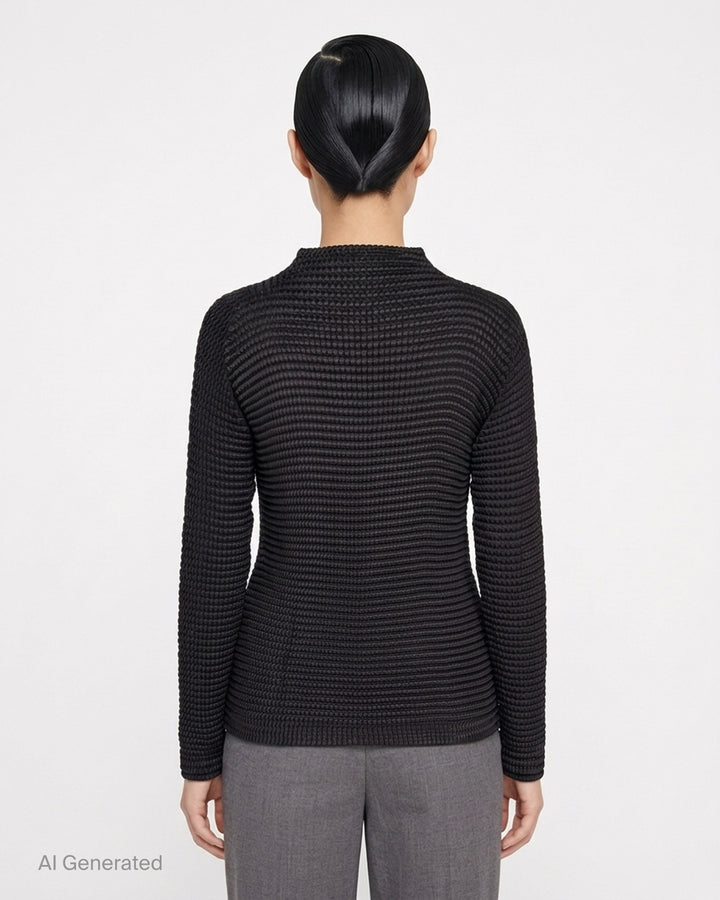 Issey Miyake Suede Like Pleats black pleated mock neck long sleeve top with ribbed texture - back