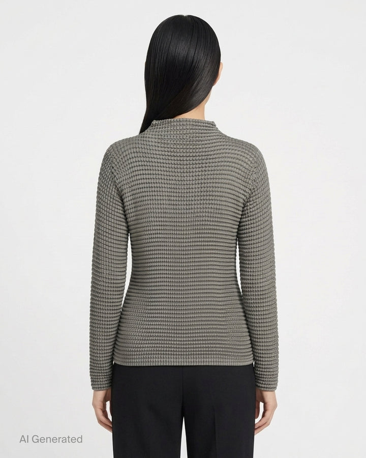 Issey Miyake Suede Like Pleats black pleated mock neck long sleeve top with ribbed texture - back