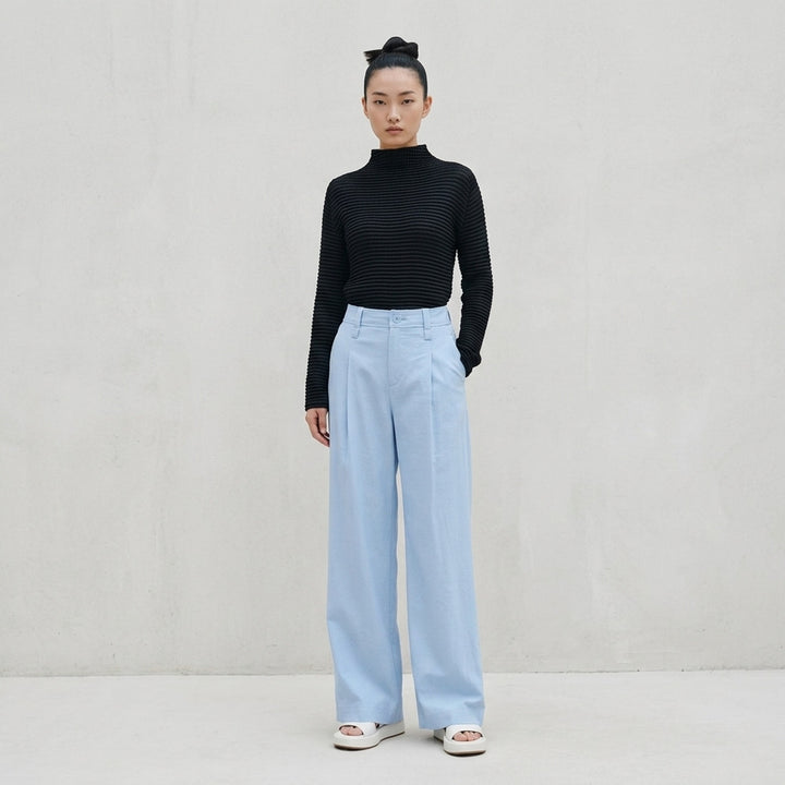 Issey Miyake Suede Like Pleats black pleated mock neck long sleeve top with ribbed texture - lifestyle