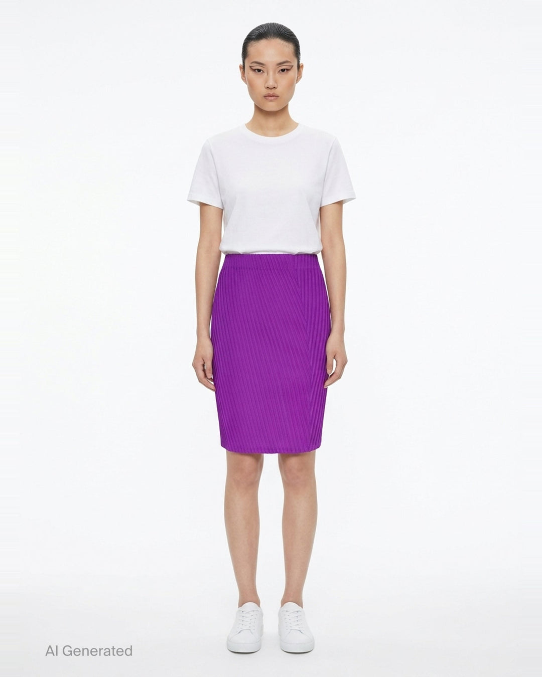 Issey Miyake Tubular Pleated Skirt in vivid purple, featuring a directional chevron pleating pattern and elasticated waistband, displayed flat against a white background - front