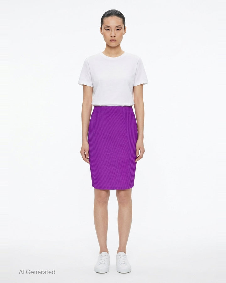 Issey Miyake Tubular Pleated Skirt in vivid purple, featuring a directional chevron pleating pattern and elasticated waistband, displayed flat against a white background - front