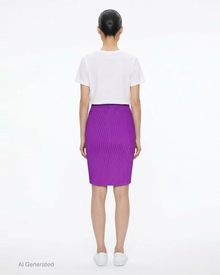 Issey Miyake Tubular Pleated Skirt in vivid purple, featuring a directional chevron pleating pattern and elasticated waistband, displayed flat against a white background - back