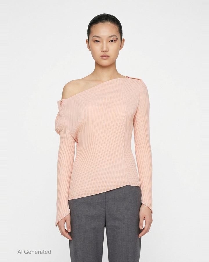Issey Miyake Tubular Pleated Top in black, featuring vertical accordion pleating, an off-shoulder asymmetric neckline, long sleeves with pointed cuffs, and an angled hem - front